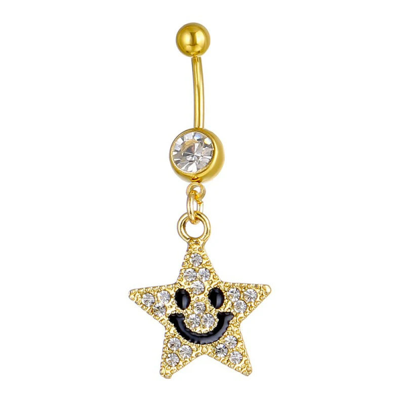 14G Golden Silvery Diamond-studded smiling face pendant belly button ring