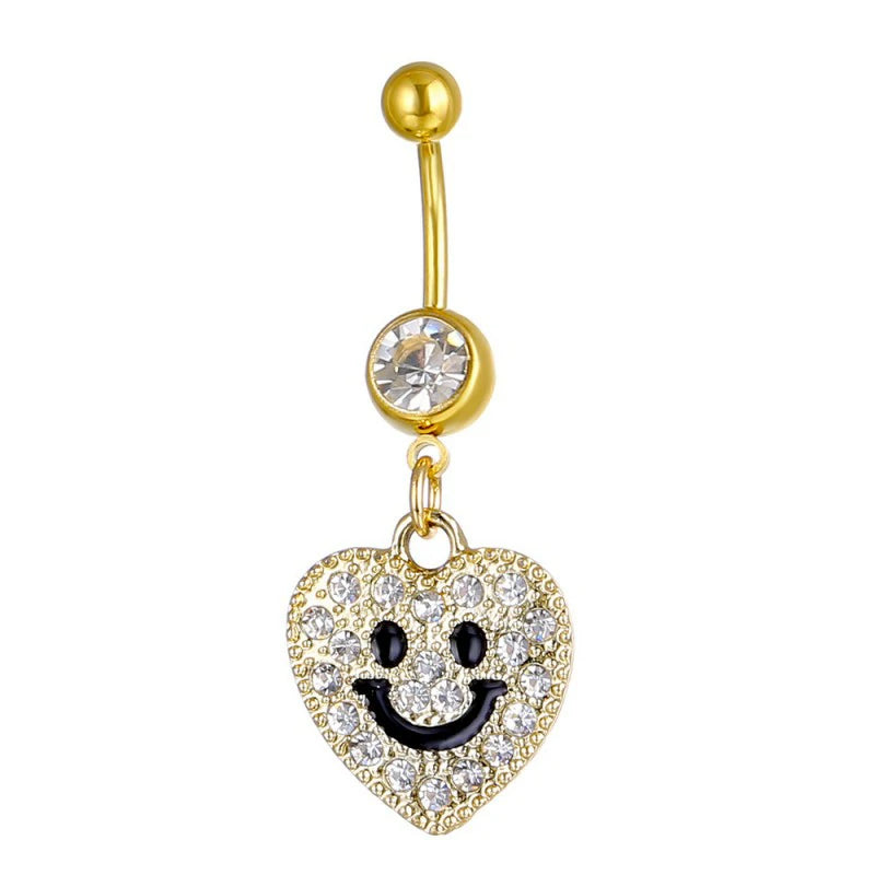 14G Golden Silvery Diamond-studded smiling face pendant belly button ring