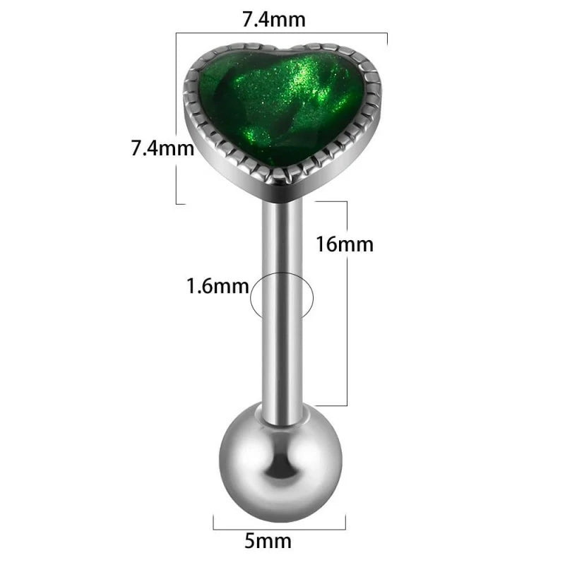 14G Green Aurora Heart Tongue RingsGlitter 316L Stainless Steel Tongue Studs Barbell Cartilage Earrings