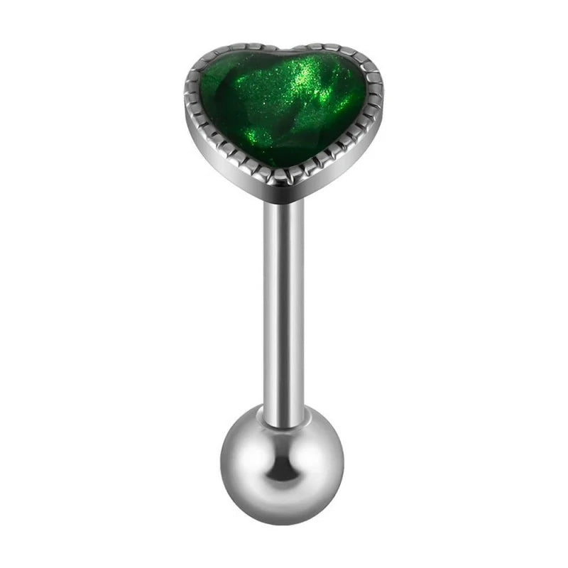 14G Green Aurora Heart Tongue RingsGlitter 316L Stainless Steel Tongue Studs Barbell Cartilage Earrings