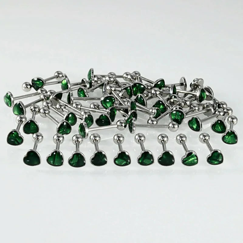 14G Green Aurora Heart Tongue RingsGlitter 316L Stainless Steel Tongue Studs Barbell Cartilage Earrings