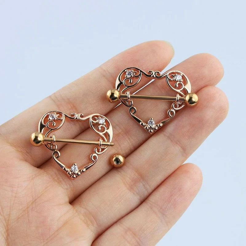 14G Heart Surgical Steel CZ Nipple Piercings Nipple Barbells Nipple Bars Gold Silver