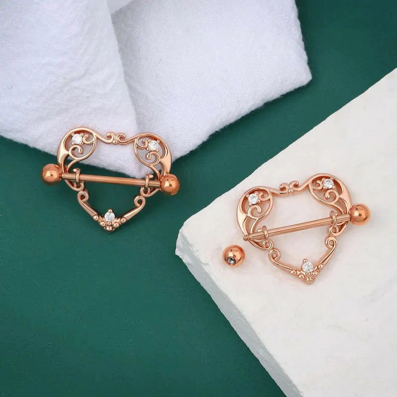14G Heart Surgical Steel CZ Nipple Piercings Nipple Barbells Nipple Bars Gold Silver