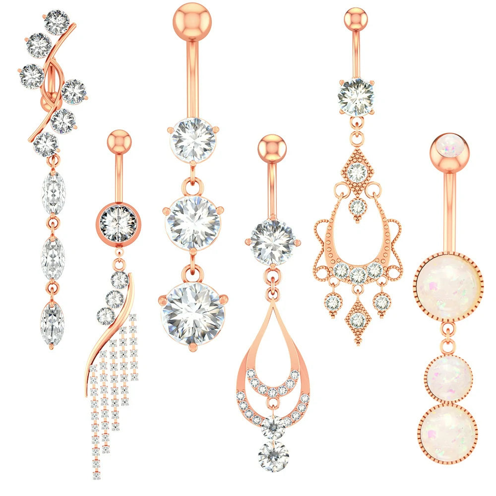 Dangle Belly Button Ring Hypoallergenic Surgical 14G Navel Button Piercing CZ Flower Heart Curved
