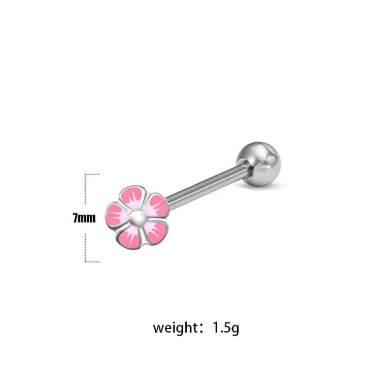 14G Pink Flower Tongue Rings Surgical Stainless Steel Cute Tongue Piercings
