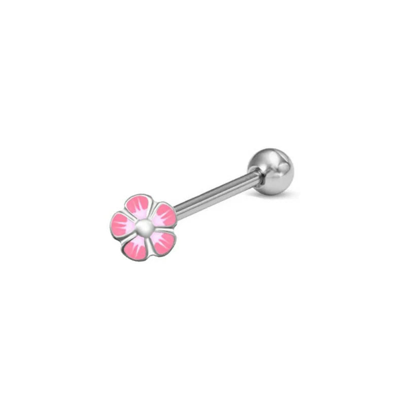 14G Pink Flower Tongue Rings Surgical Stainless Steel Cute Tongue Piercings