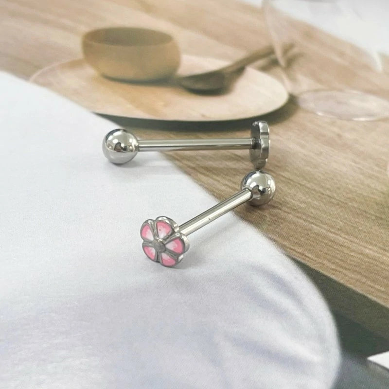 14G Pink Flower Tongue Rings Surgical Stainless Steel Cute Tongue Piercings