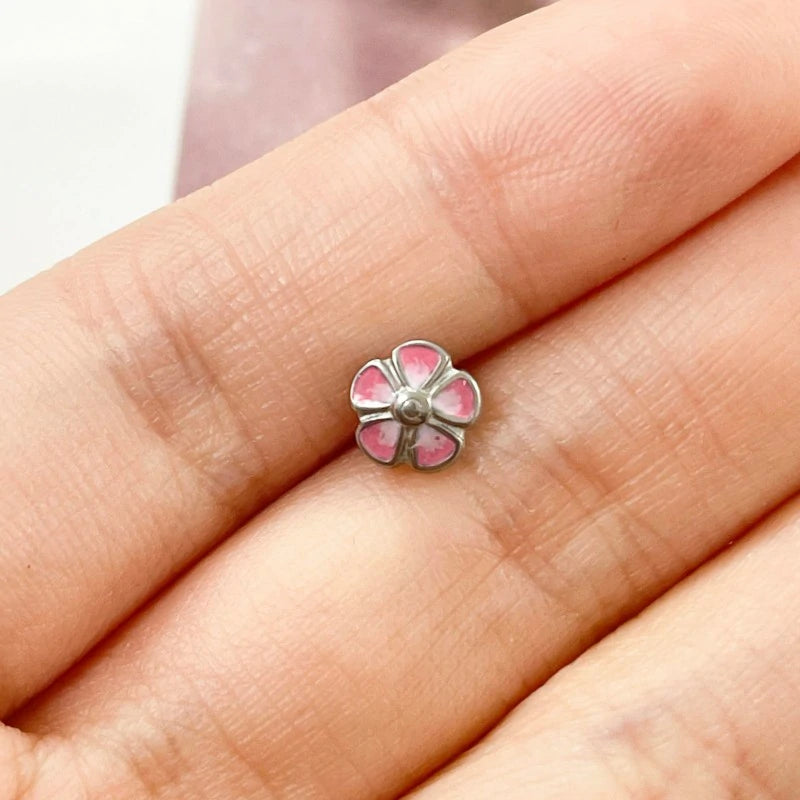 14G Pink Flower Tongue Rings Surgical Stainless Steel Cute Tongue Piercings
