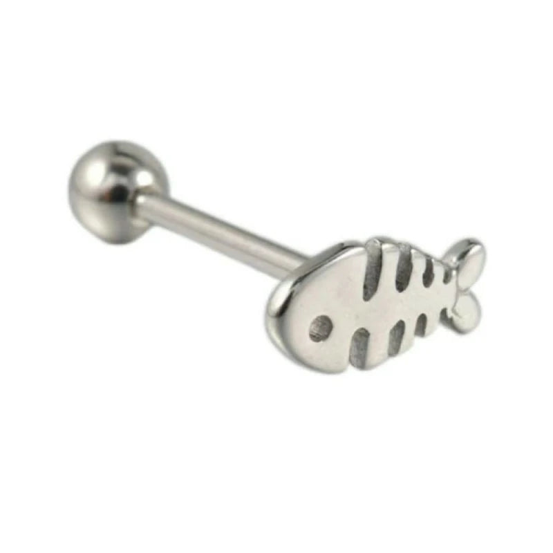 14G Stainless Steel Fishbone Tongue Rings for Women Cute Silver Little Fish Tongue Barbell Studs