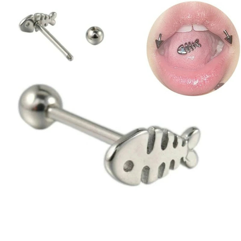 14G Stainless Steel Fishbone Tongue Rings for Women Cute Silver Little Fish Tongue Barbell Studs