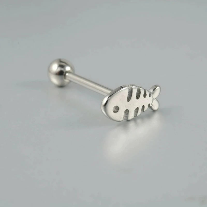 14G Stainless Steel Fishbone Tongue Rings for Women Cute Silver Little Fish Tongue Barbell Studs