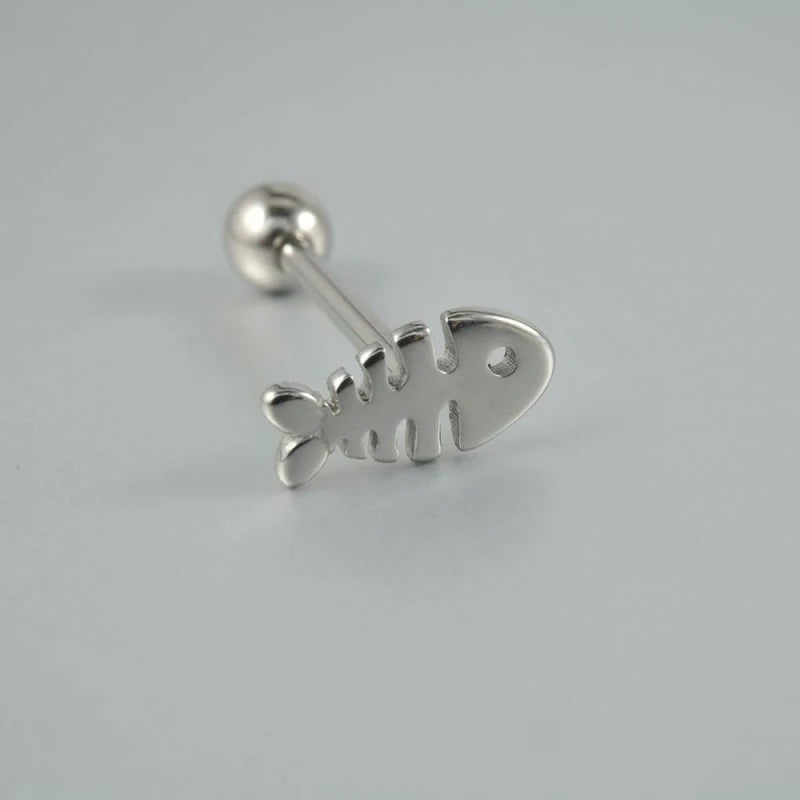 14G Stainless Steel Fishbone Tongue Rings for Women Cute Silver Little Fish Tongue Barbell Studs