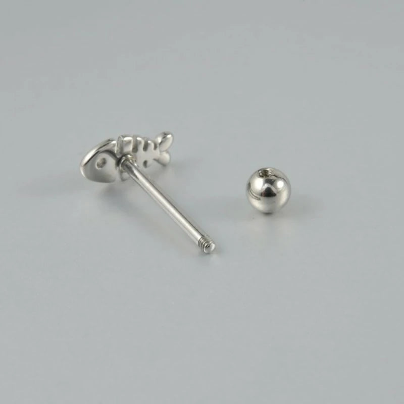 14G Stainless Steel Fishbone Tongue Rings for Women Cute Silver Little Fish Tongue Barbell Studs