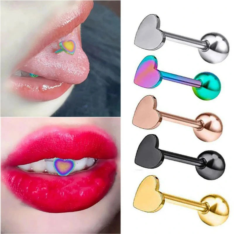 14G Stainless Steel Heart Tongue Rings for Women Hypoallergenic Tongue Piercing Barbell Cartilage
