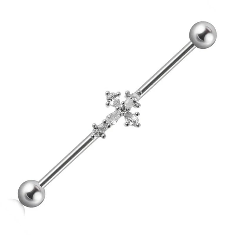 14G Surgical Steel CZ Cross Industrial Barbell Cartilage Earring