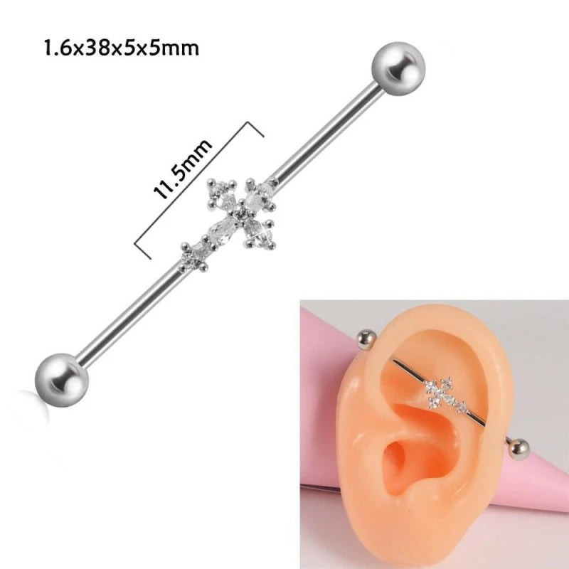 14G Surgical Steel CZ Cross Industrial Barbell Cartilage Earring