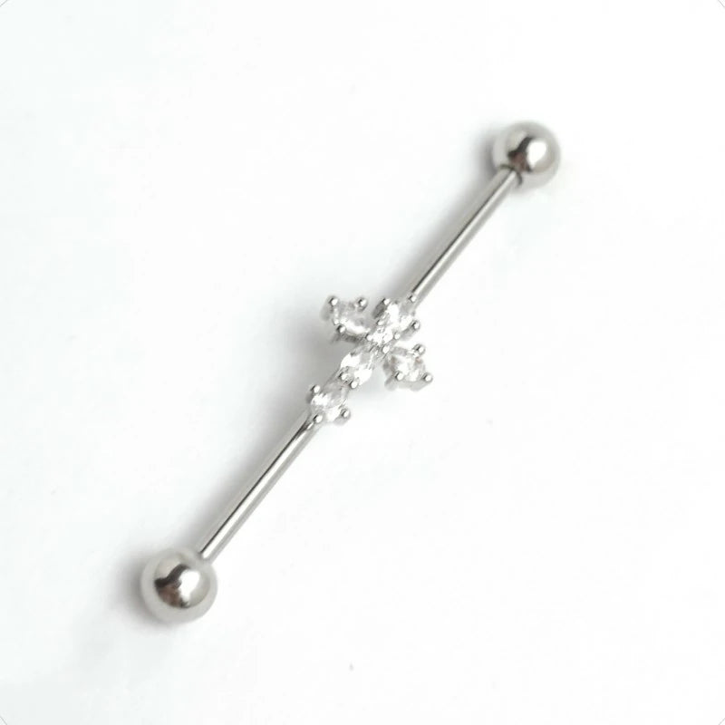 14G Surgical Steel CZ Cross Industrial Barbell Cartilage Earring