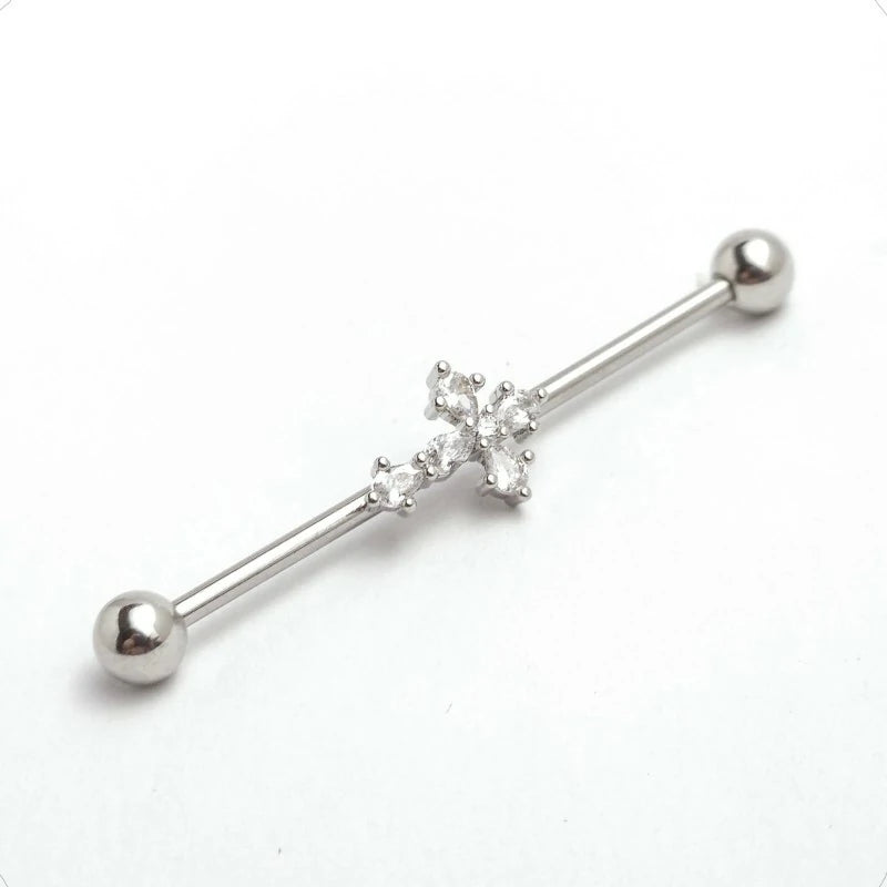 14G Surgical Steel CZ Cross Industrial Barbell Cartilage Earring