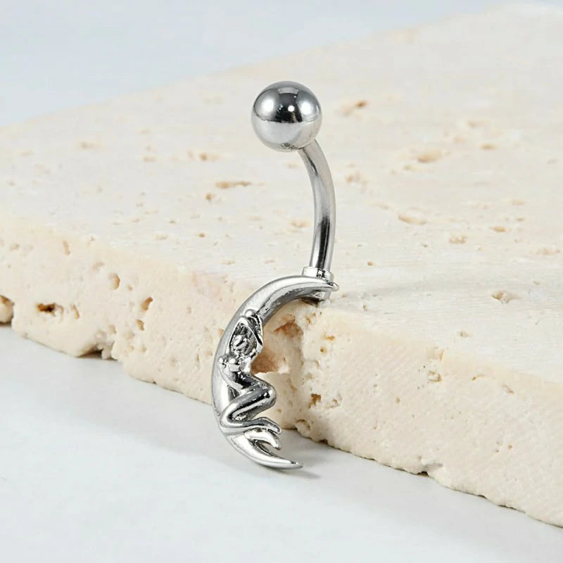 14G Surgical Steel Moon Belly Button Ring for Women Silver Crescent Moon Belly Rings
