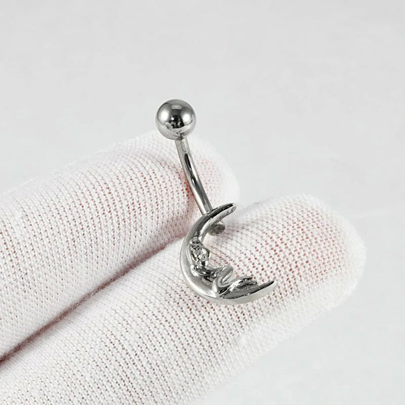 14G Surgical Steel Moon Belly Button Ring for Women Silver Crescent Moon Belly Rings