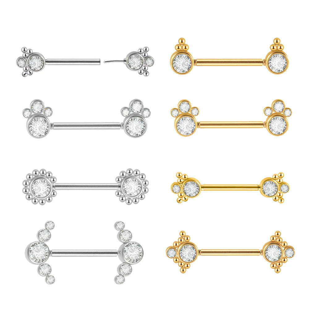 14G Surgical Steel & Gold Plated CZ Gem-Set Flower Petal Nipple Piercing Barbell