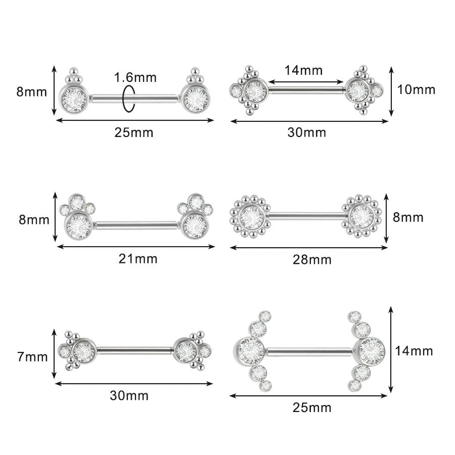 14G Surgical Steel & Gold Plated CZ Gem-Set Flower Petal Nipple Piercing Barbell