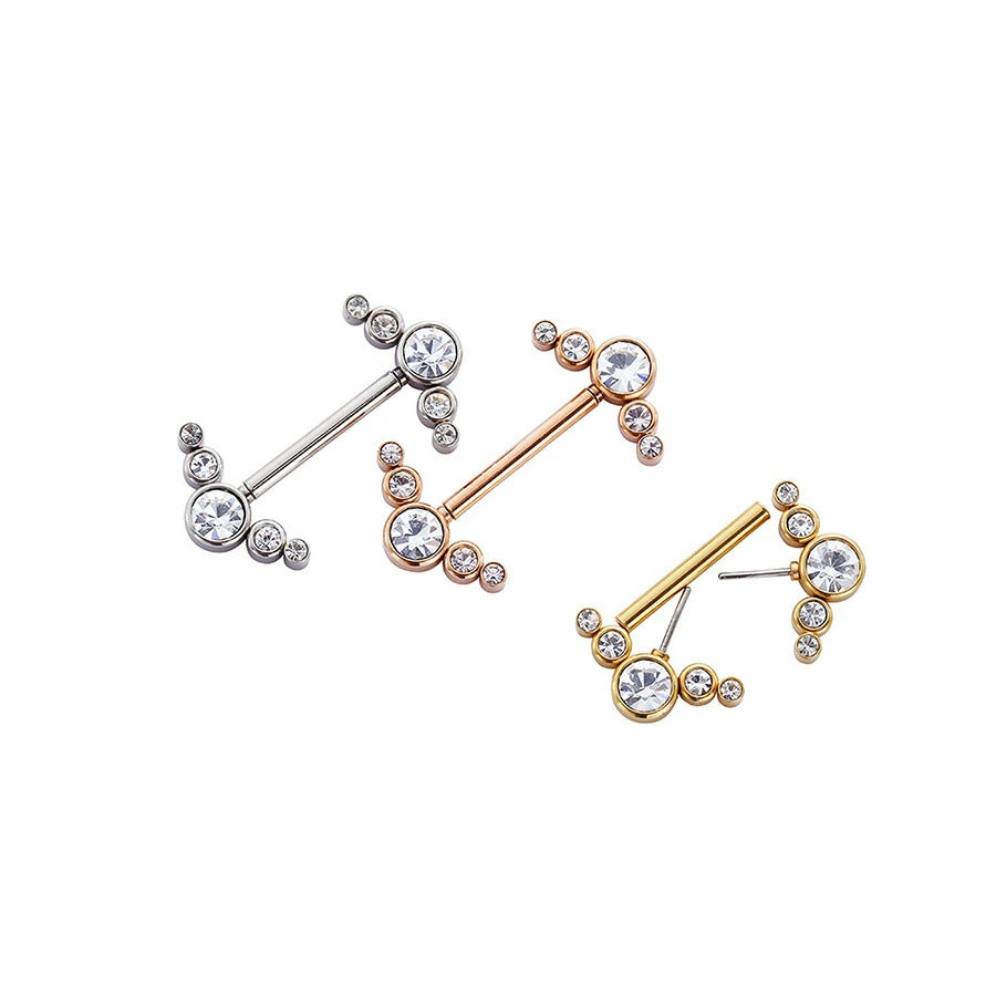 14G Surgical Steel & Gold Plated CZ Gem-Set Flower Petal Nipple Piercing Barbell