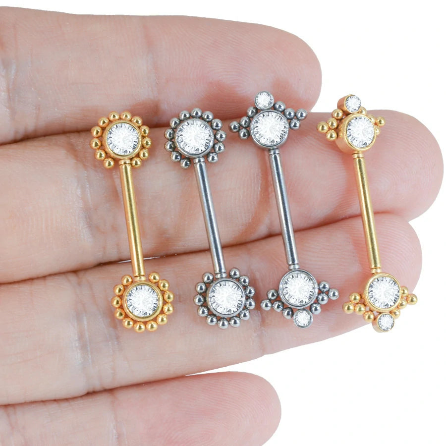 14G Surgical Steel & Gold Plated CZ Gem-Set Flower Petal Nipple Piercing Barbell