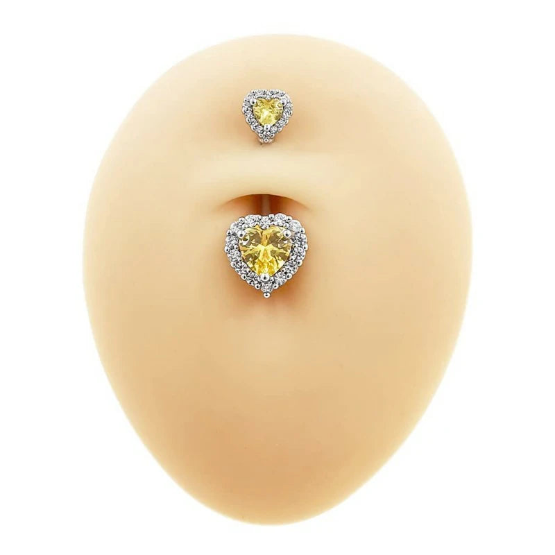 14G(1.6mm) Double Heart Cubic Zirconia Navel Belly Button Ring 316L Stainless Steel Bar