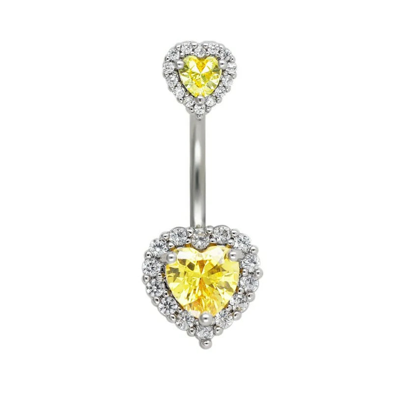 14G(1.6mm) Double Heart Cubic Zirconia Navel Belly Button Ring 316L Stainless Steel Bar