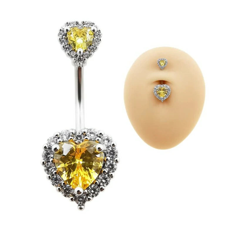 14G(1.6mm) Double Heart Cubic Zirconia Navel Belly Button Ring 316L Stainless Steel Bar