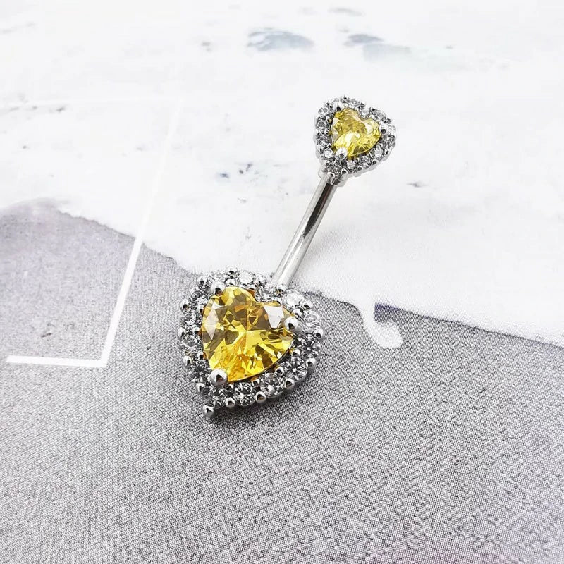 14G(1.6mm) Double Heart Cubic Zirconia Navel Belly Button Ring 316L Stainless Steel Bar