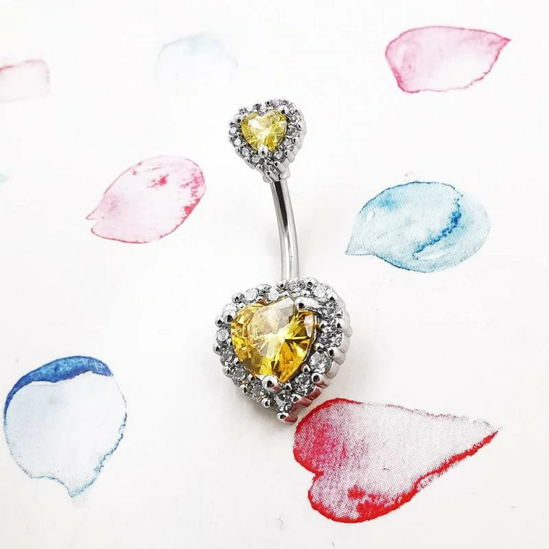 14G(1.6mm) Double Heart Cubic Zirconia Navel Belly Button Ring 316L Stainless Steel Bar