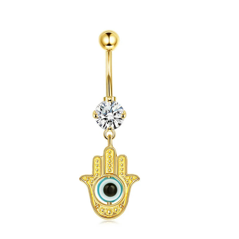 14K Gold Cute Eye Belly Button Ring 14K Moon Start Gold Navel Ring
