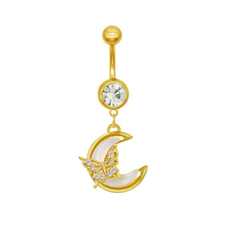 14K Gold Belly Button Ring 14K Moon Butterfly Gold Navel Ring