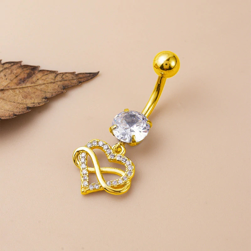 14G Gold Lotus Belly Button Ring Double CZ Navel Ring 316L Surgical Stainless Steel Marquise