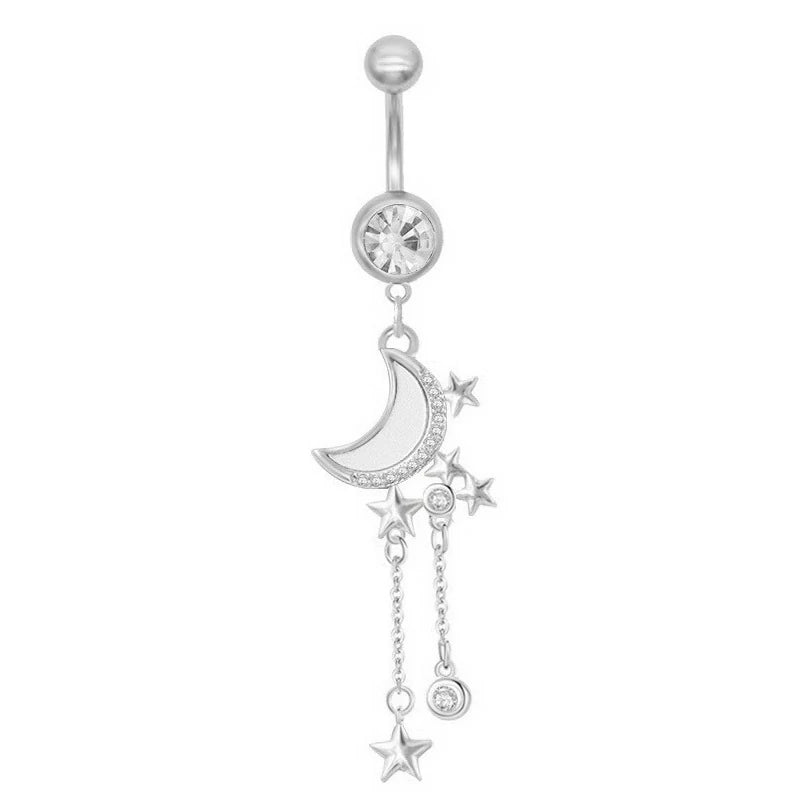 14K Gold Belly Button Ring 14K Moon Start Gold Navel Ring