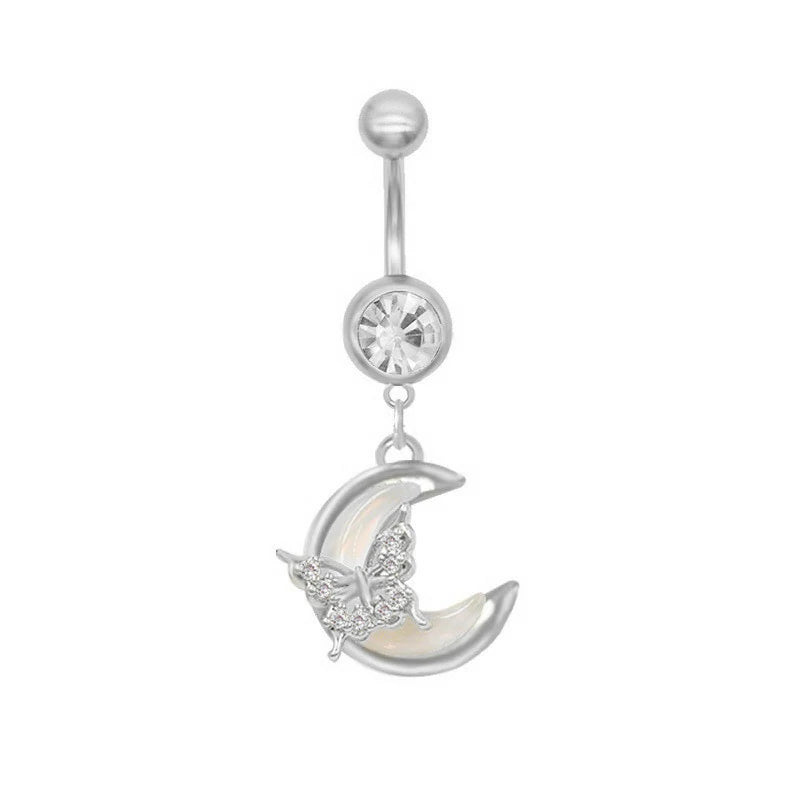 14K Gold Belly Button Ring 14K Moon Butterfly Gold Navel Ring