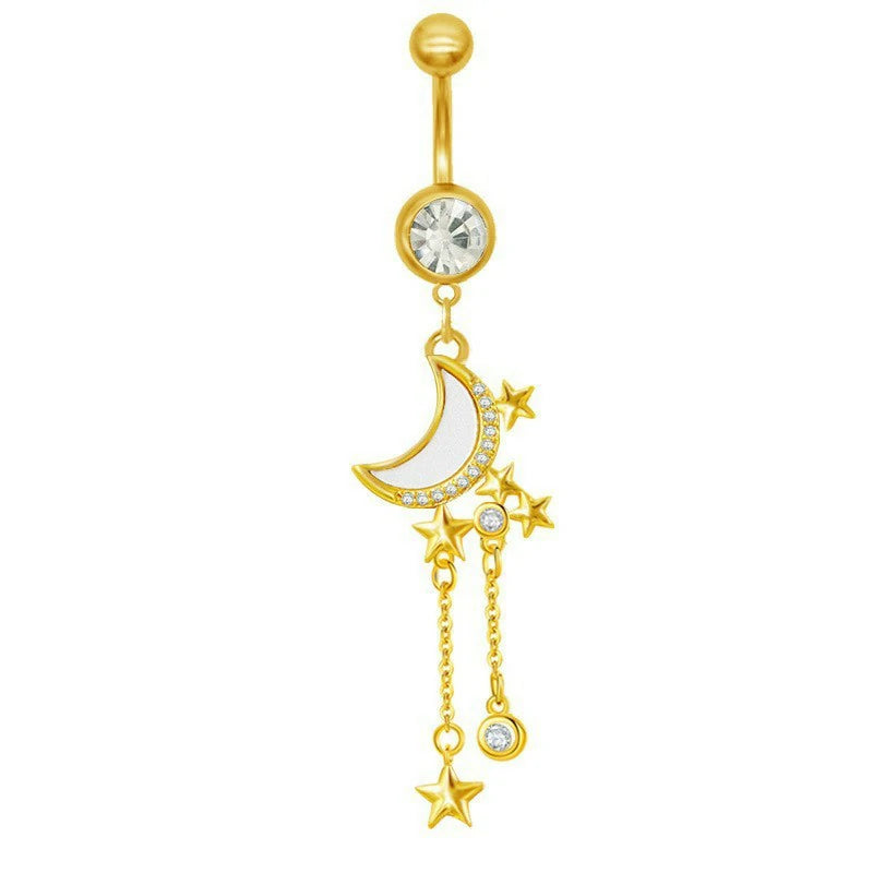 14K Gold Belly Button Ring 14K Moon Start Gold Navel Ring