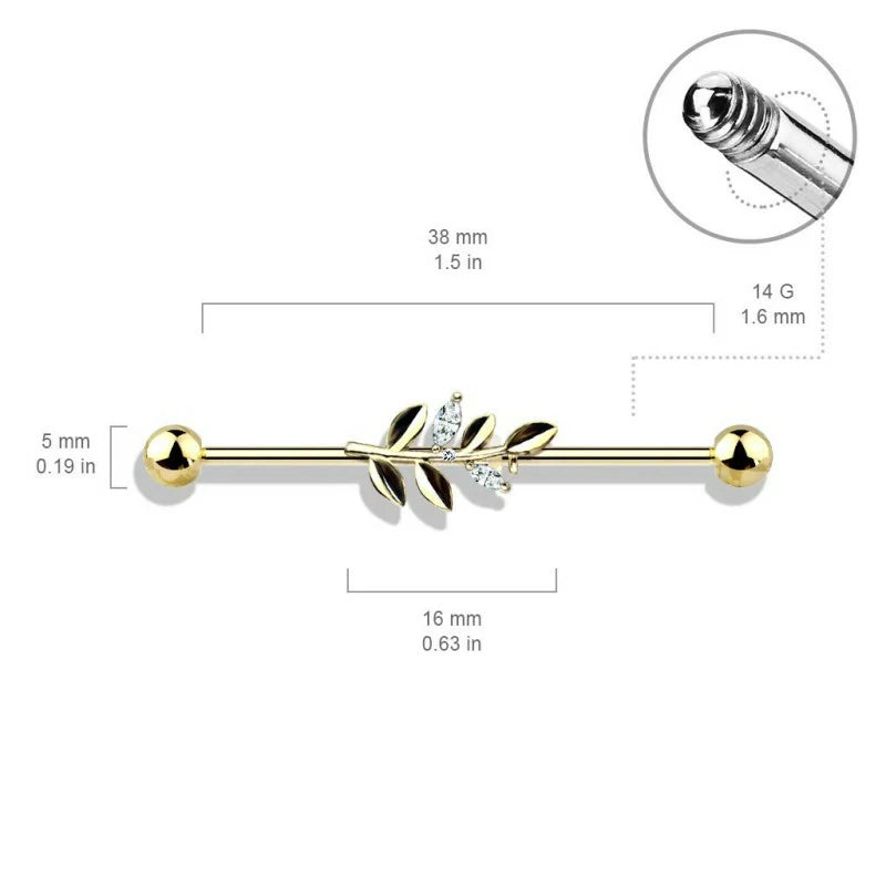 14 Gauge CZ Set Leaf Industrial Barbell 316L Surgical Stainelss Steel