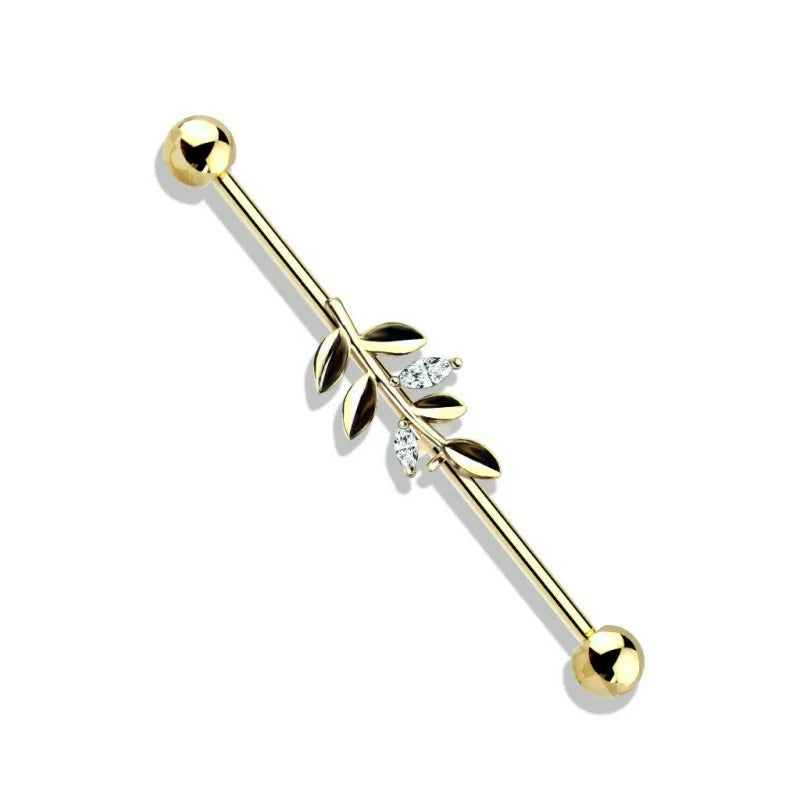 14 Gauge CZ Set Leaf Industrial Barbell 316L Surgical Stainelss Steel