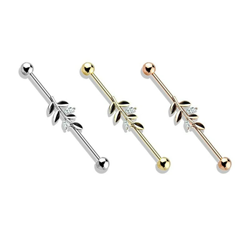 14 Gauge CZ Set Leaf Industrial Barbell 316L Surgical Stainelss Steel