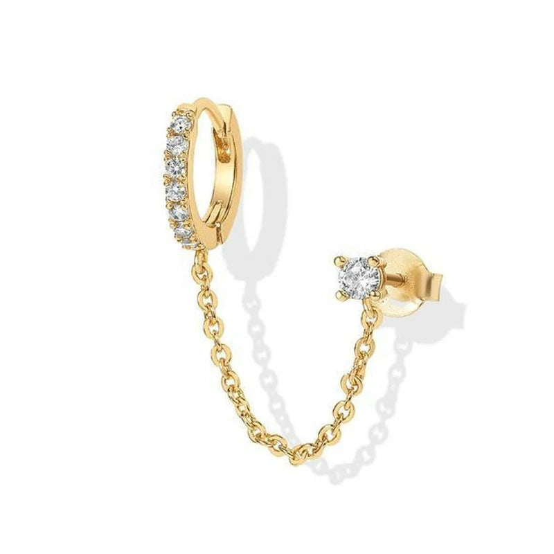 14K Gold Chain Earrings Double Piercing Dangle Chain Huggie Hoop Earrings