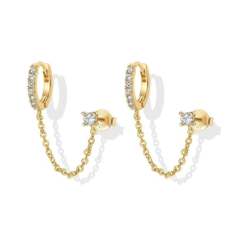 14K Gold Chain Earrings Double Piercing Dangle Chain Huggie Hoop Earrings