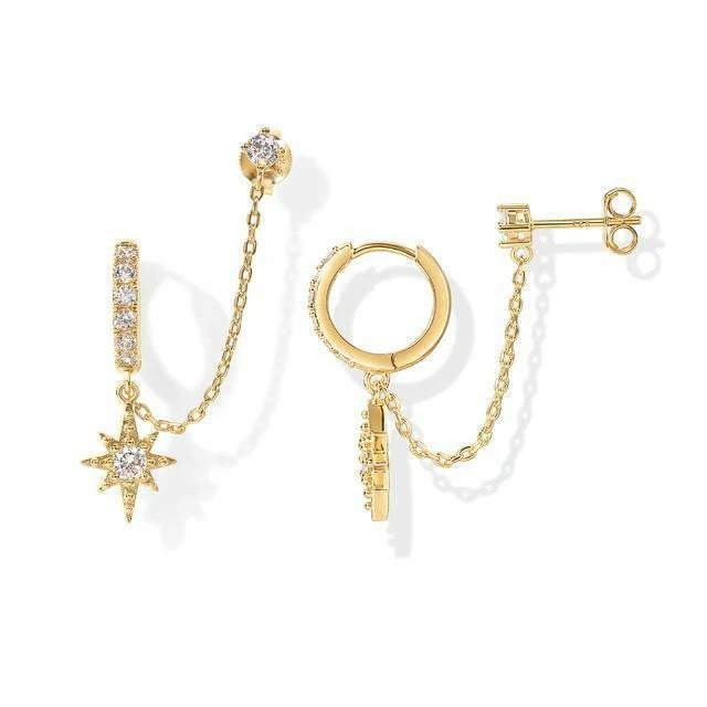 14K Gold Chain Earrings Double Piercing Dangle Chain Huggie Hoop Earrings