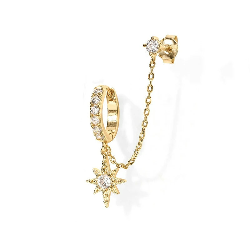 14K Gold Chain Earrings Double Piercing Dangle Chain Huggie Hoop Earrings