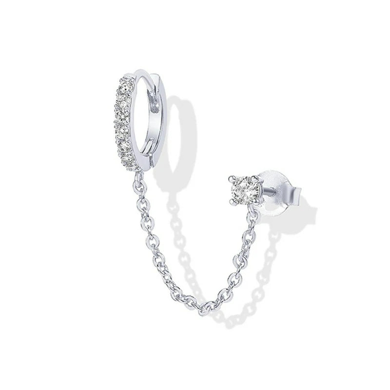 14K Gold Chain Earrings Double Piercing Dangle Chain Huggie Hoop Earrings