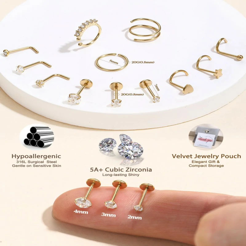 14K Gold Filled Hypoallergenic Surgical Steel Nose Ring Hoops CZ Lip Ring Screw L Shaped Studs Threadless Flat Back Stud