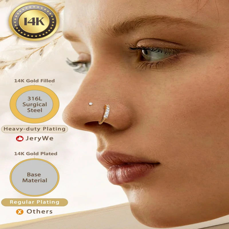 14K Gold Filled Hypoallergenic Surgical Steel Nose Ring Hoops CZ Lip Ring Screw L Shaped Studs Threadless Flat Back Stud