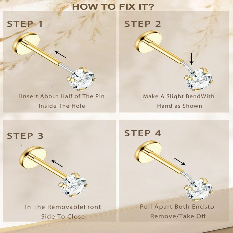 14K Gold Filled Hypoallergenic Surgical Steel Nose Ring Hoops CZ Lip Ring Screw L Shaped Studs Threadless Flat Back Stud